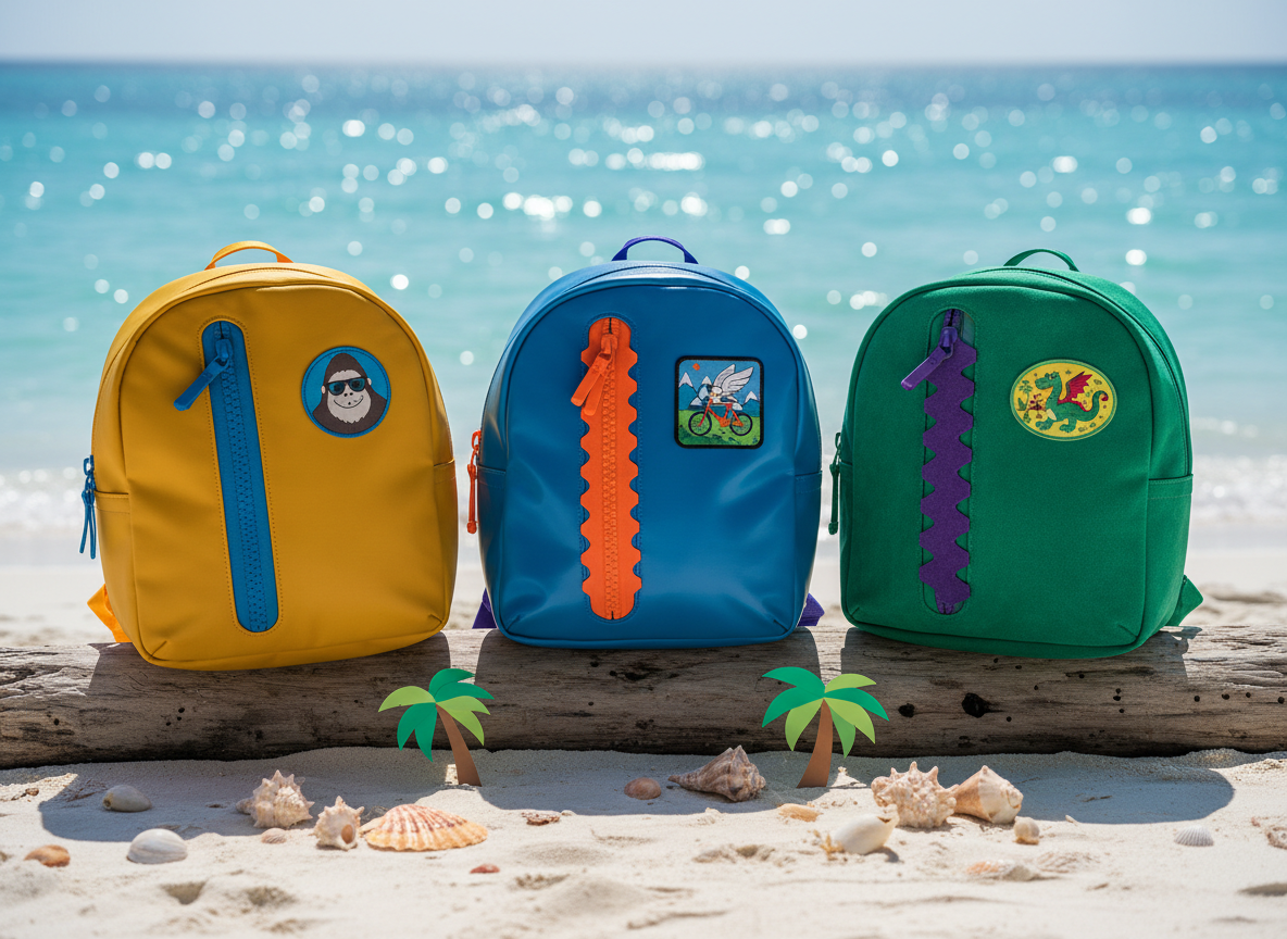 A trio of rounded, brightly colored adventure travel backpacks with oversized zippers and whimsical stitched patches, each with distinct textures—matte nylon, glossy vinyl, and soft suede—resting against a sun-bleached driftwood log on a white sand tropical beach. Scattered seashells and playful, paper-cut palm trees decorate the foreground, while the turquoise ocean sparkles under crisp midday light. The scene glows with energetic, direct sunshine, creating vibrant highlights and lively color contrasts. Shot from a ground-level viewpoint to showcase detail, the centered composition and sharp photographic clarity exude a sense of playful anticipation and wanderlust, perfectly reflecting the site’s cheerful adventure spirit.
