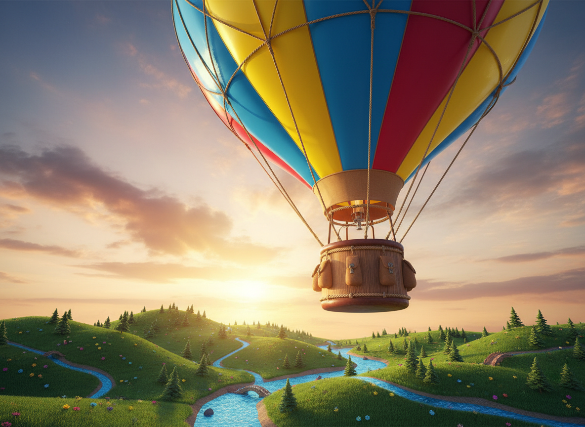 An adventurous, oversized hot air balloon crafted from glossy, color-blocked fabric panels in bold shades of lemon yellow, sky blue, and cherry red, tethered above a whimsical miniature landscape of rolling green hills and sparkling blue rivers. The basket is rounded, with a rich wooden finish and playful rope details. The setting is awash in golden hour sunlight, casting vibrant highlights and gentle, elongated shadows across the scene, adding to the dynamic and energetic mood. Captured from a low, upward angle to emphasize scale and height, the composition features asymmetrical balance and crisp focus, supporting the sense of thrilling escapism and discovery. The artistic style is photographic realism, with a whimsical, energetic flair tailored to adventure travel.