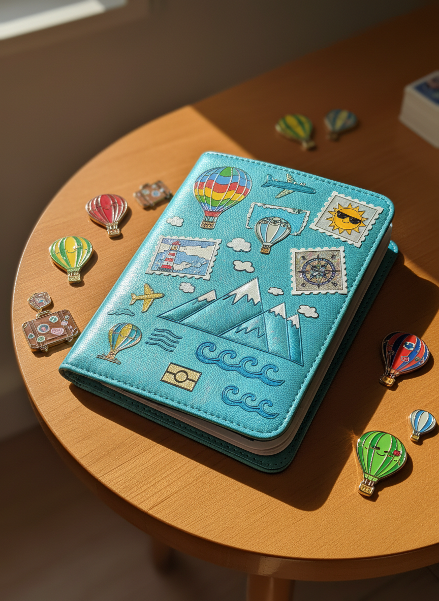 A playful, oversized passport cover in shimmering aqua faux leather with embossed travel-themed icons—planes, mountains, and waves—propped open to reveal whimsical, colorful stamp illustrations on the pages. The passport is set on a rounded-edge, lacquered wooden desk, surrounded by glossy enamel pins shaped like hot air balloons and suitcases. The scene glows with soft, diffuse afternoon light pouring in from a nearby window, creating gentle shadows and a sense of warmth. Captured from an overhead perspective with sharp focus and a clean, vibrant background, the mood is energetic yet welcoming. The photographic aesthetic, with bright colors and rounded forms, underlines the promise of new journeys and playful exploration.